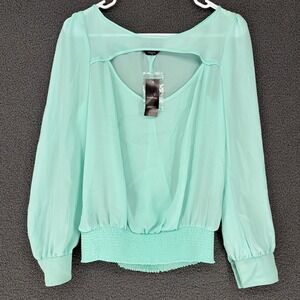 Bebe Mint Green Sheer Long Sleeve Smocked Blouse Cutout Wrap Back NWT Medium